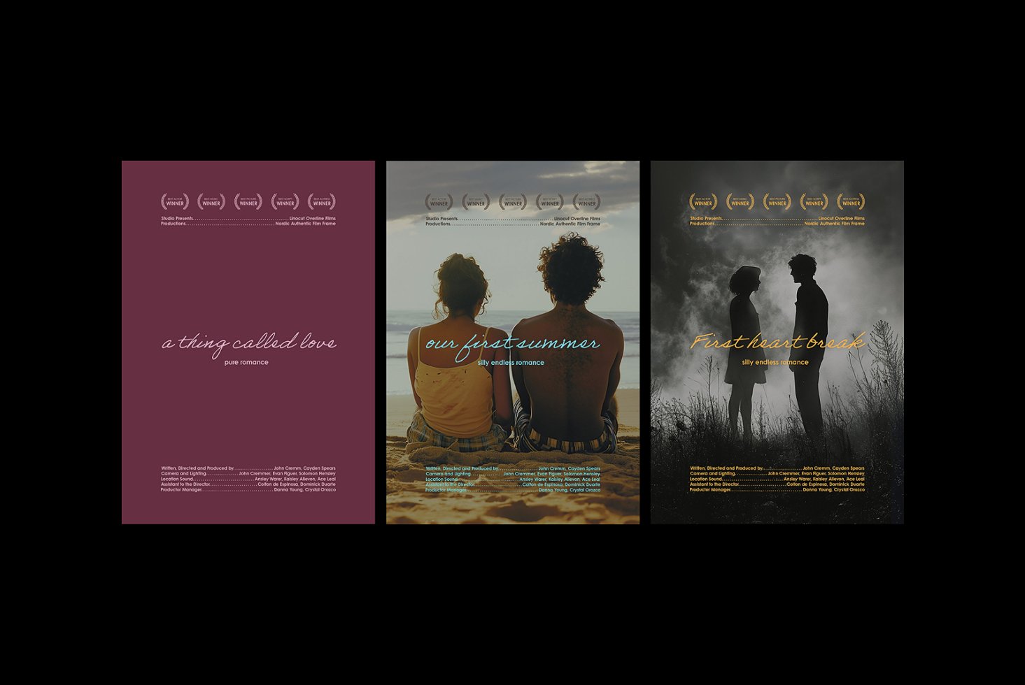 Set of three movie posters with romantic themes and script fonts. Perfect for designers seeking mockups or inspiration in romance and film graphics.