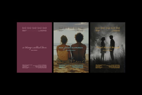 Set of three movie posters with romantic themes and script fonts. Perfect for designers seeking mockups or inspiration in romance and film graphics.