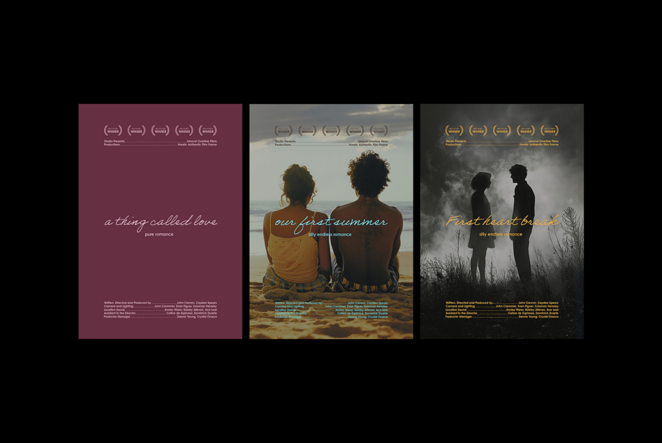 Three romantic film posters side by side showing couples in scenic outdoor locations