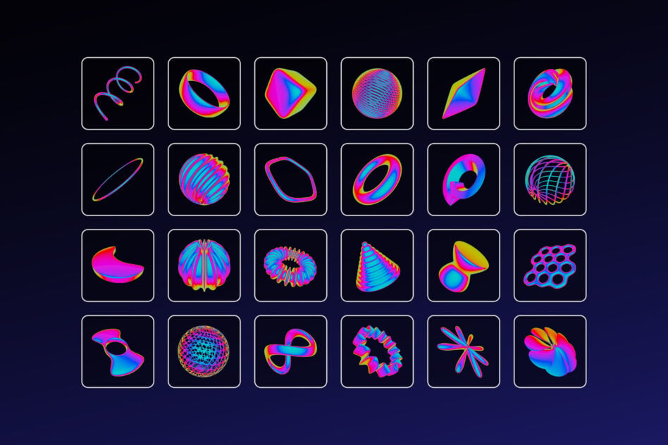 24 vibrant neon 3D shapes with gradient colors in black grid squares