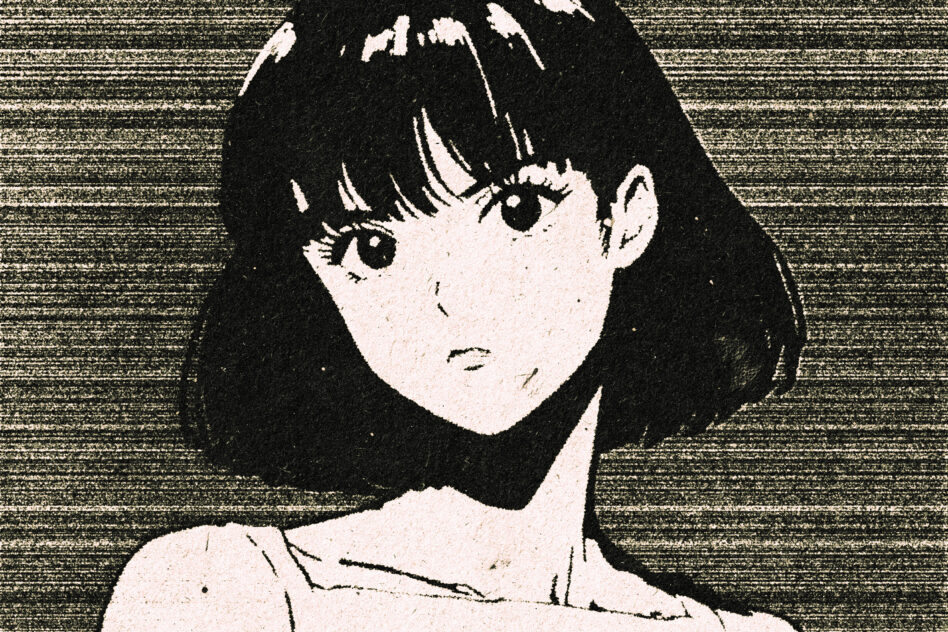 Textured halftone portrait of character with short dark hair neutral expression