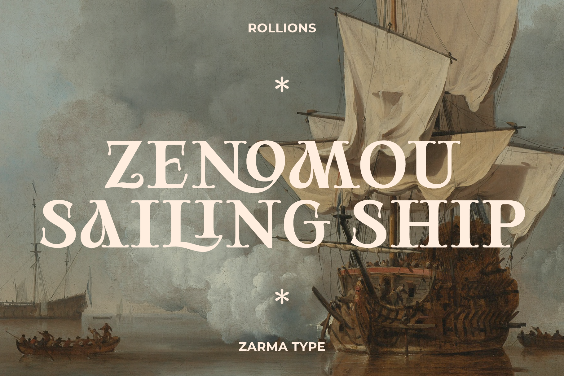 Vintage nautical art featuring sailing ships overlayed with bold serif Zenomou font. Ideal for graphic design templates and creative typography projects.