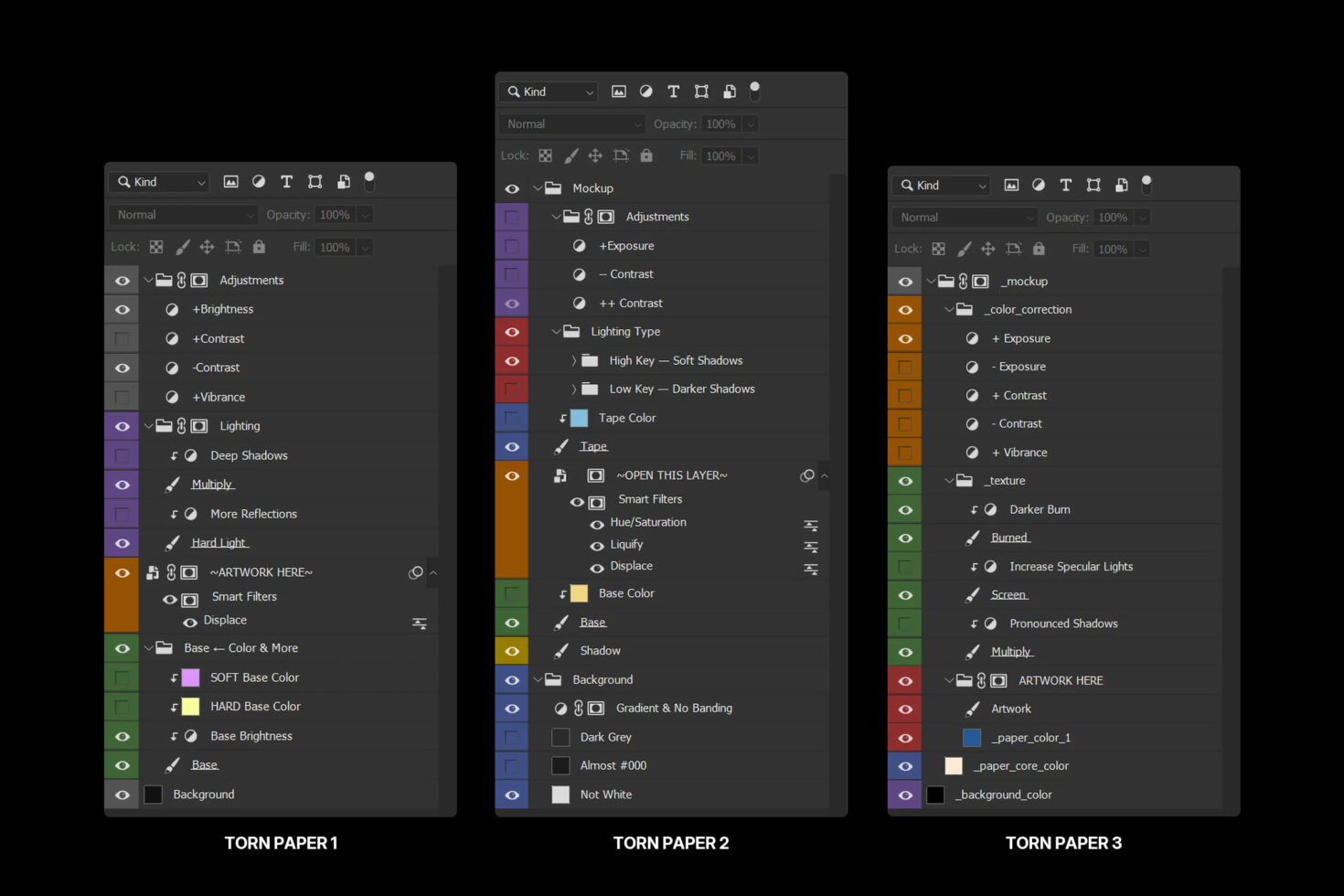 Three Photoshop layer panel screenshots showing adjustment settings for torn paper mockup
