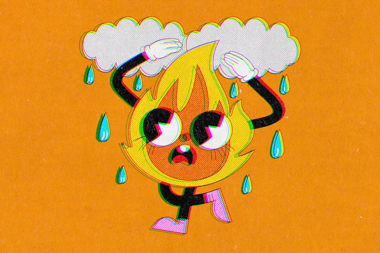 Cartoon flame character under rain with halftone texture on orange background; retro-style illustration; digital graphics asset for designers.