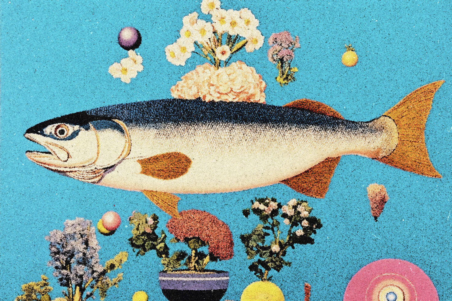 Hand drawn salmon fish surrounded by potted plants flowers berries on turquoise speckled background