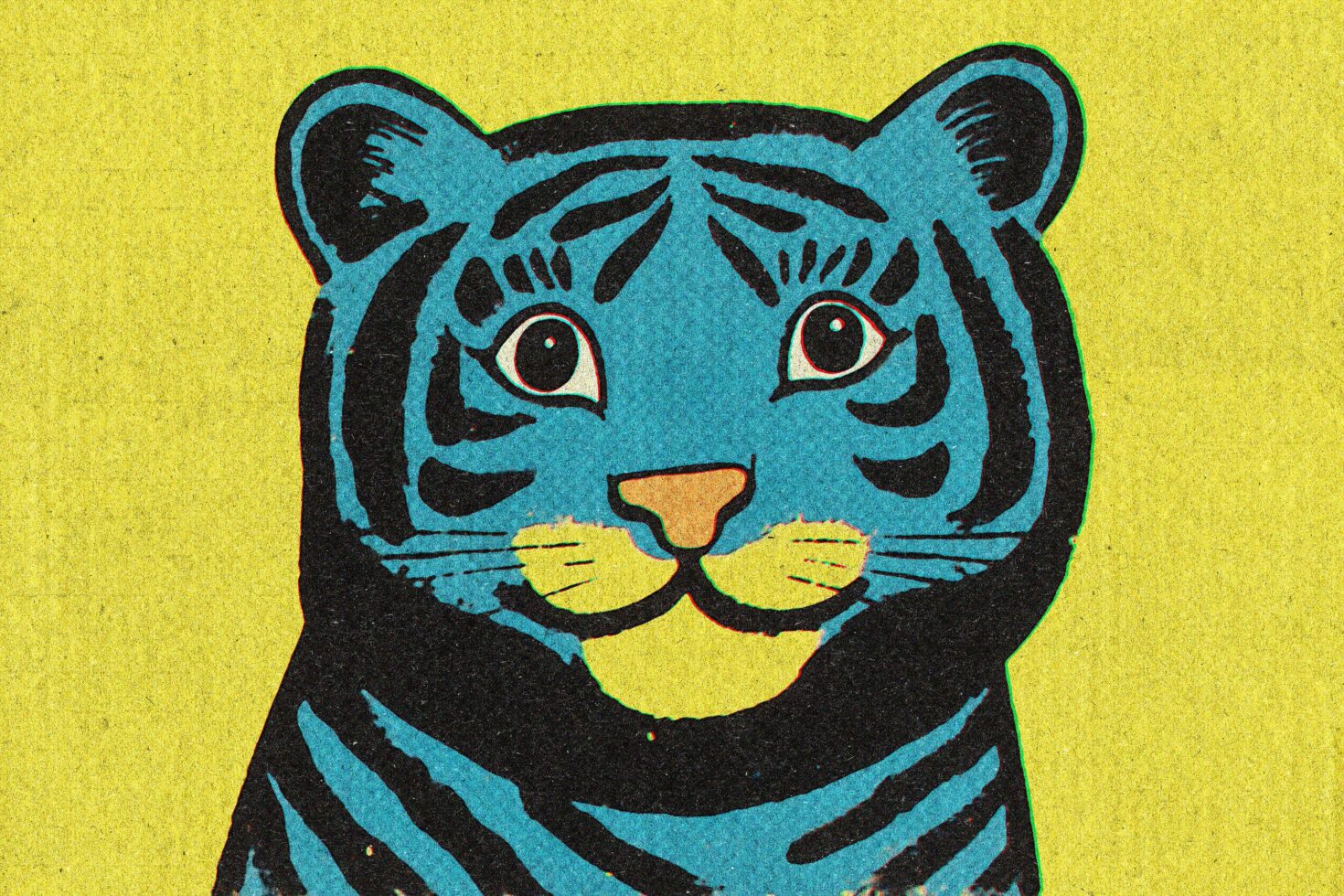 Retro-style illustration of a blue tiger with bold black stripes on a yellow background. Perfect for graphic designers seeking vibrant, vintage-inspired graphics.