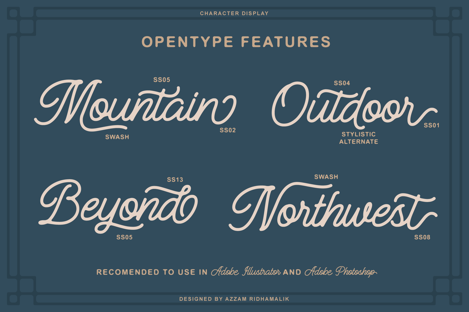 Elegant script font display showcasing OpenType features like swashes and stylistic alternates. Ideal for graphics and templates. Perfect for designers.