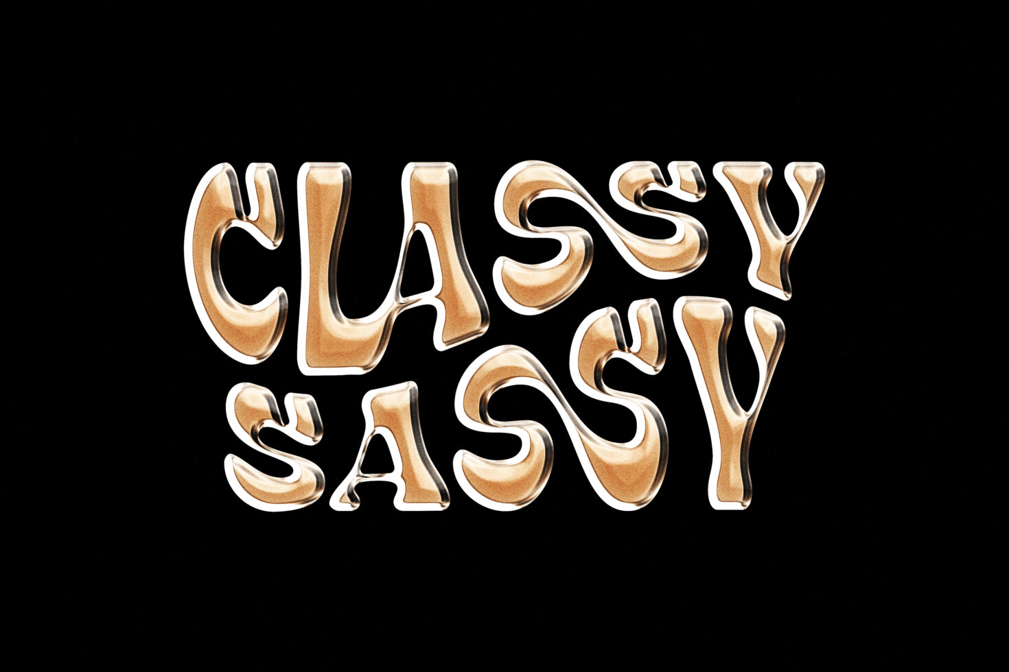 Bold wavy typography reading Classy Sassy in a 3D gold effect on black background. Perfect for designers seeking unique fonts, graphics, typography.
