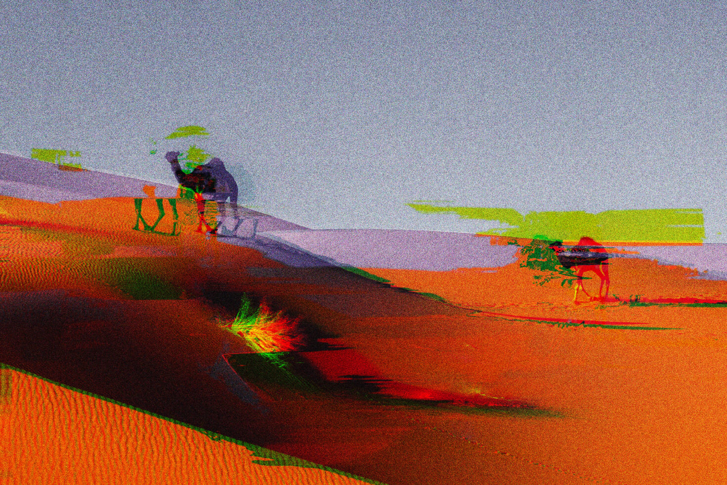 Abstract desert landscape with glitch effects showing camels on sand dunes. Perfect for graphic design, digital art, creative backgrounds, templates.