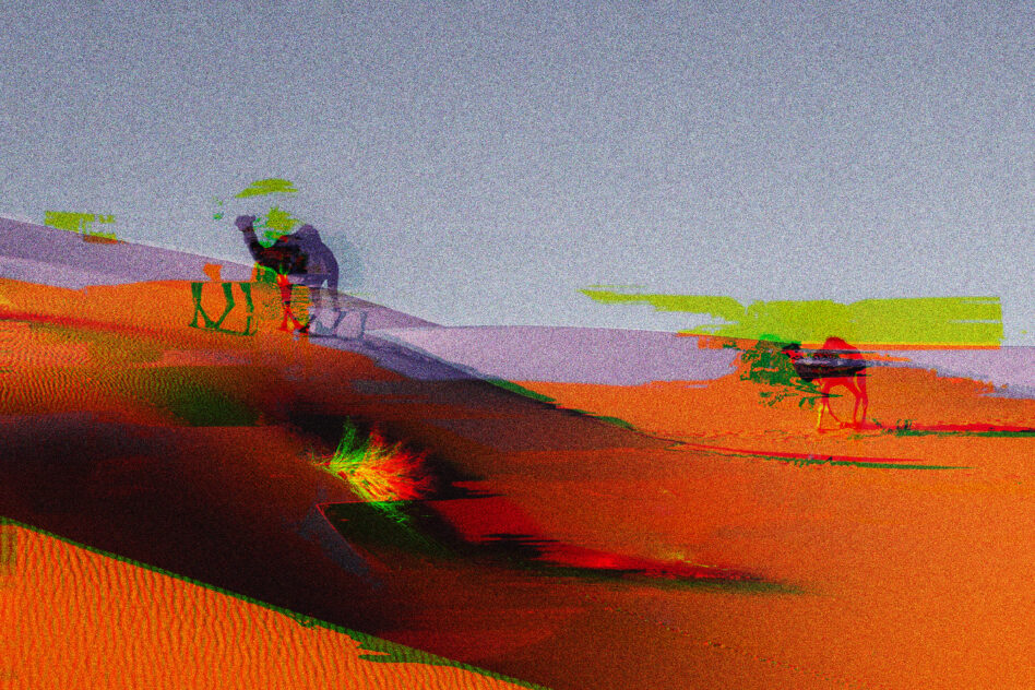 VHS glitch effect with vibrant RGB color distortion on figure with textured grain