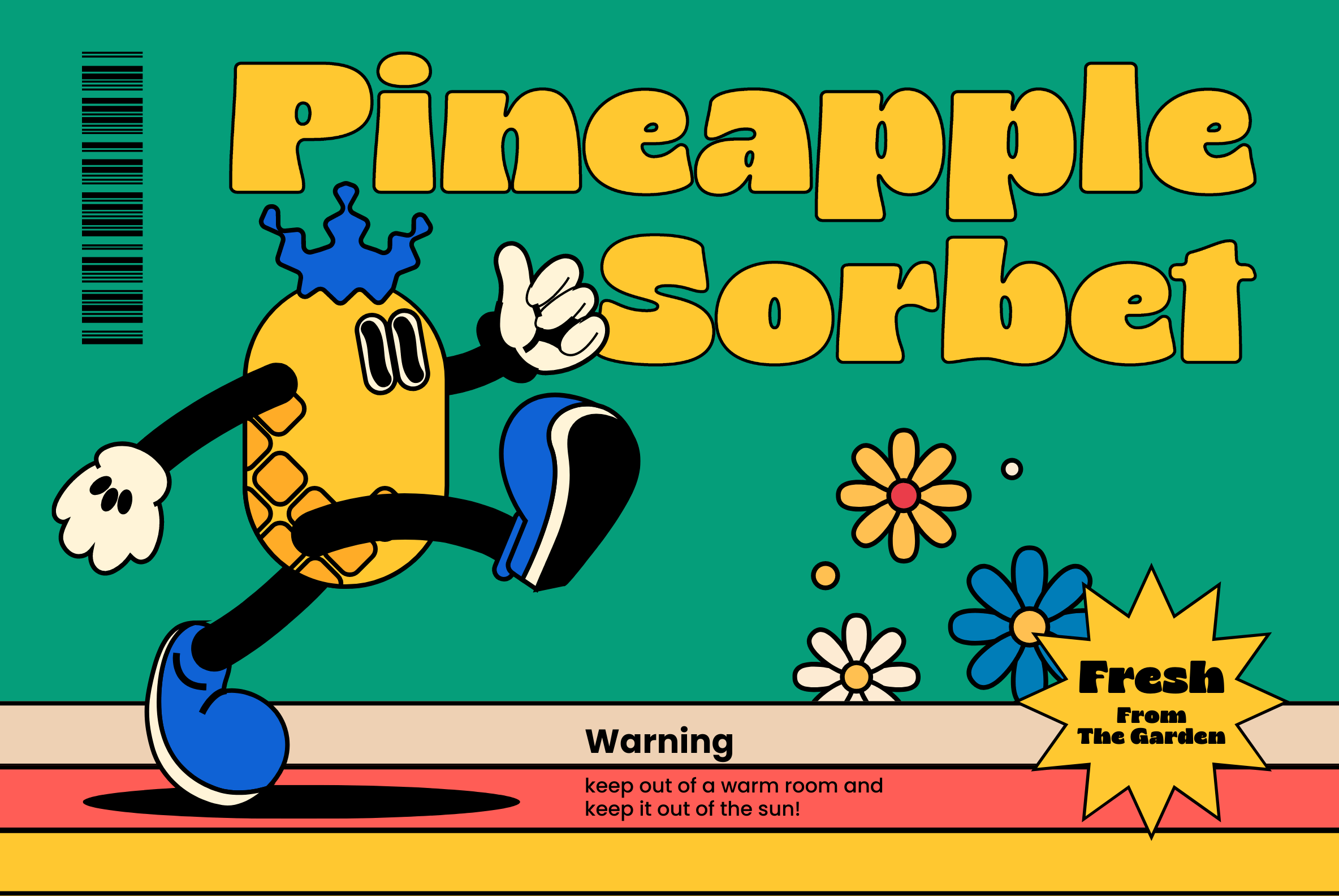 Retro cartoon pineapple character with crown doing a kick on teal background