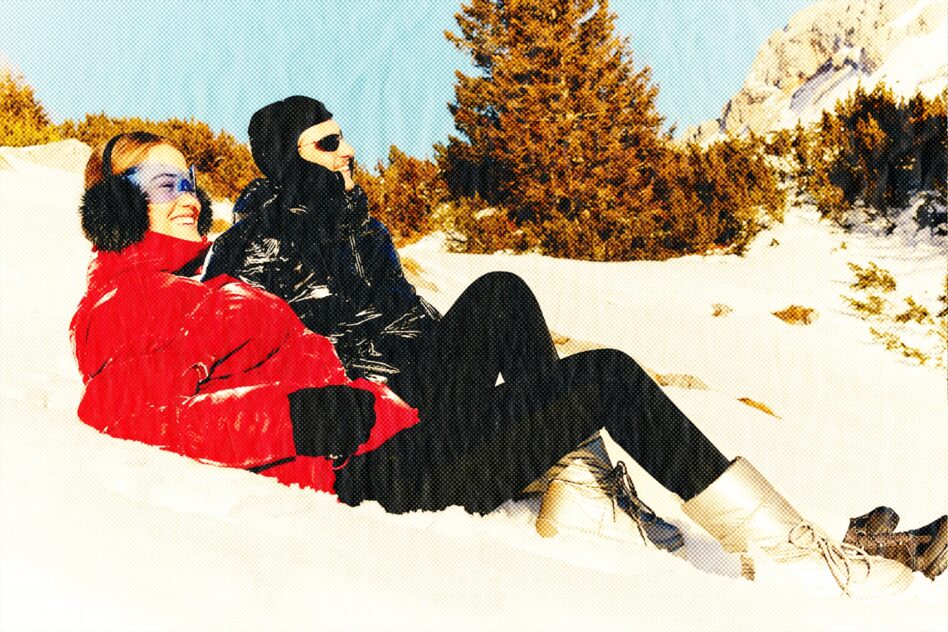 Couple in winter gear sitting in snowy landscape with golden trees, retro print style