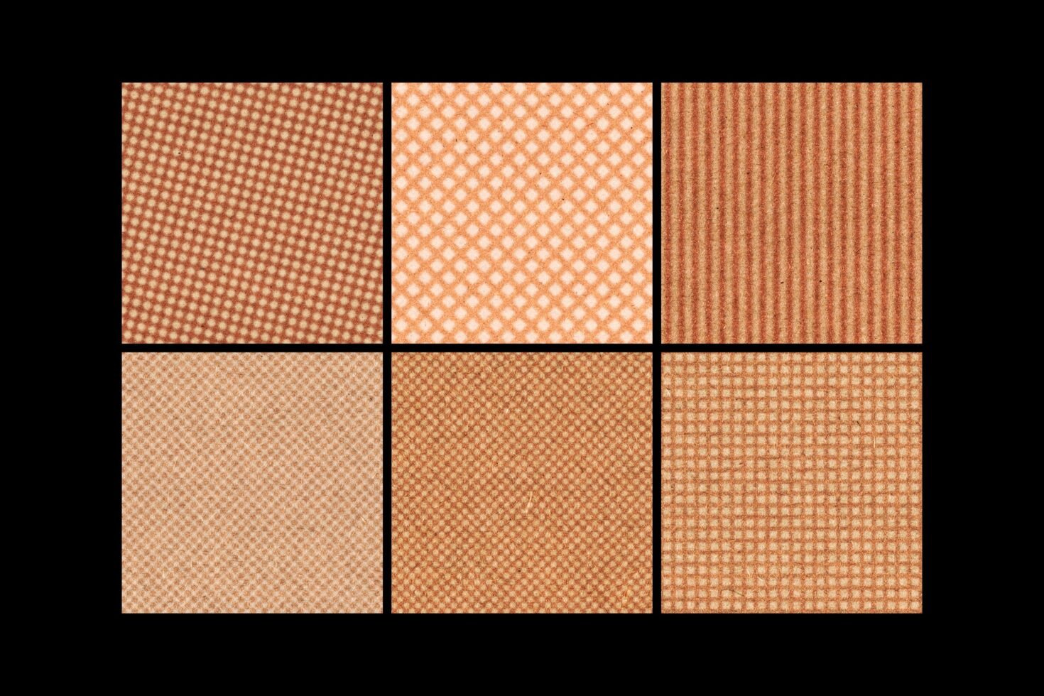 Six brown fabric textures with geometric patterns in a grid layout suitable for design backgrounds and textile graphics ideal for templates and mockups