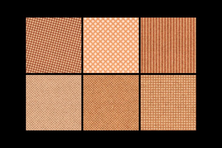Six fabric swatches in terracotta tones with dots, diamonds, checks, grids