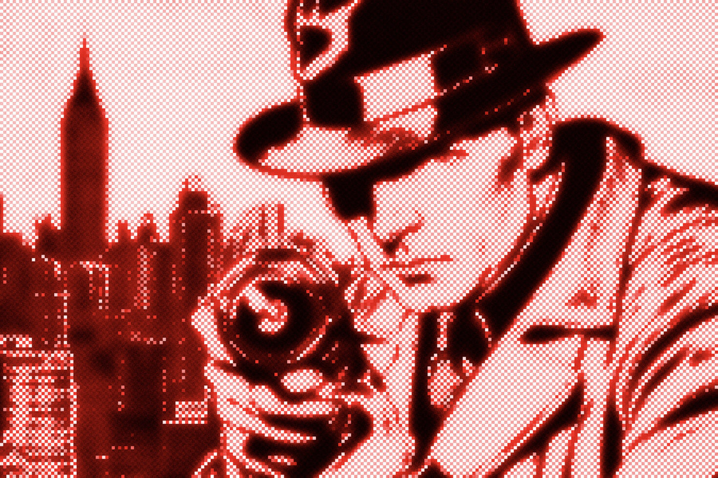 Halftone detective illustration with trench coat and hat in urban skyline setting colored in red and black ideal for posters vintage graphic design projects