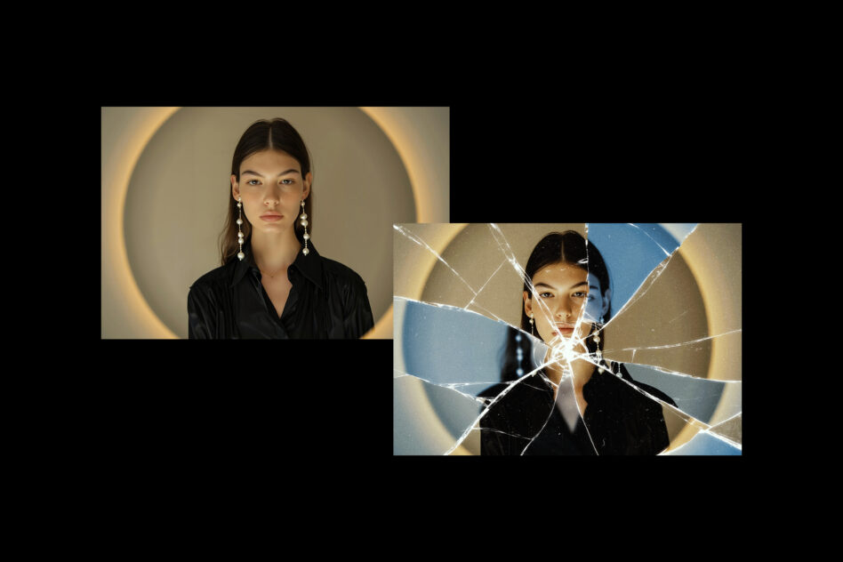 Two portraits of woman in black shirt with pearl earrings, left plain against gold circle, right with glass shatter effect