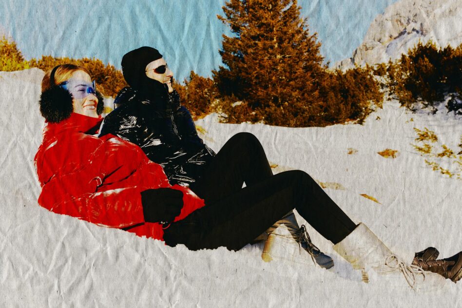 Retro collage of couple in snow wearing red jacket, black outfit, mountains