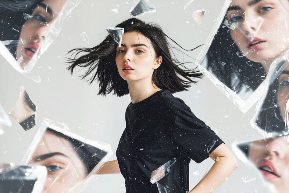 Woman in black tee surrounded by floating Polaroid photos with glass shatter effect on white background