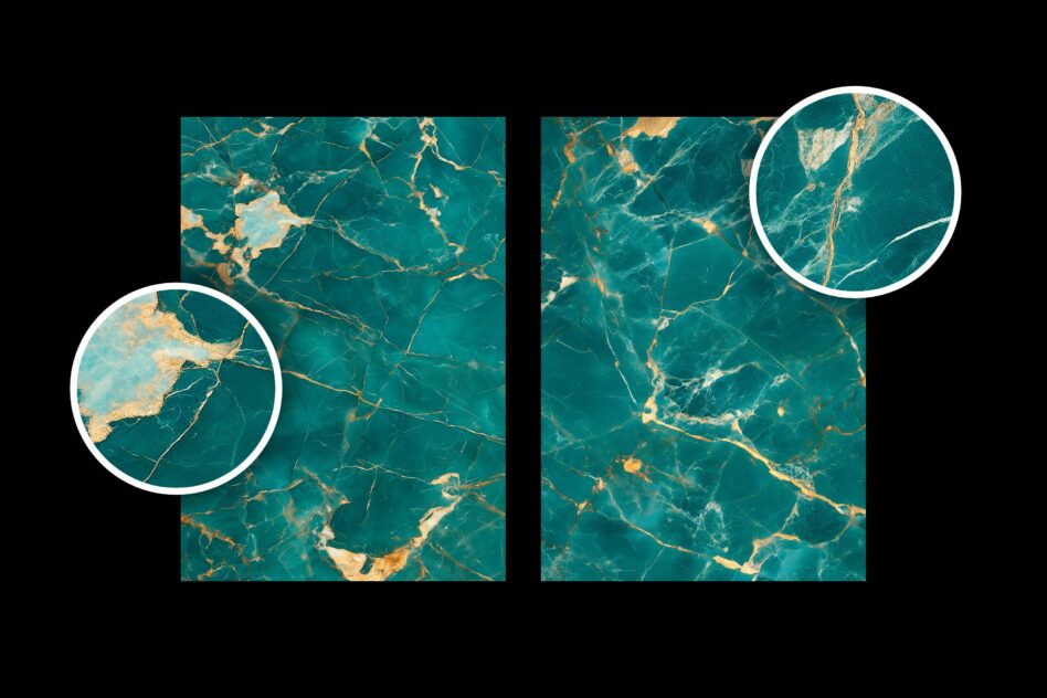 Two teal marble textures with magnified circle detail shots showing gold veining