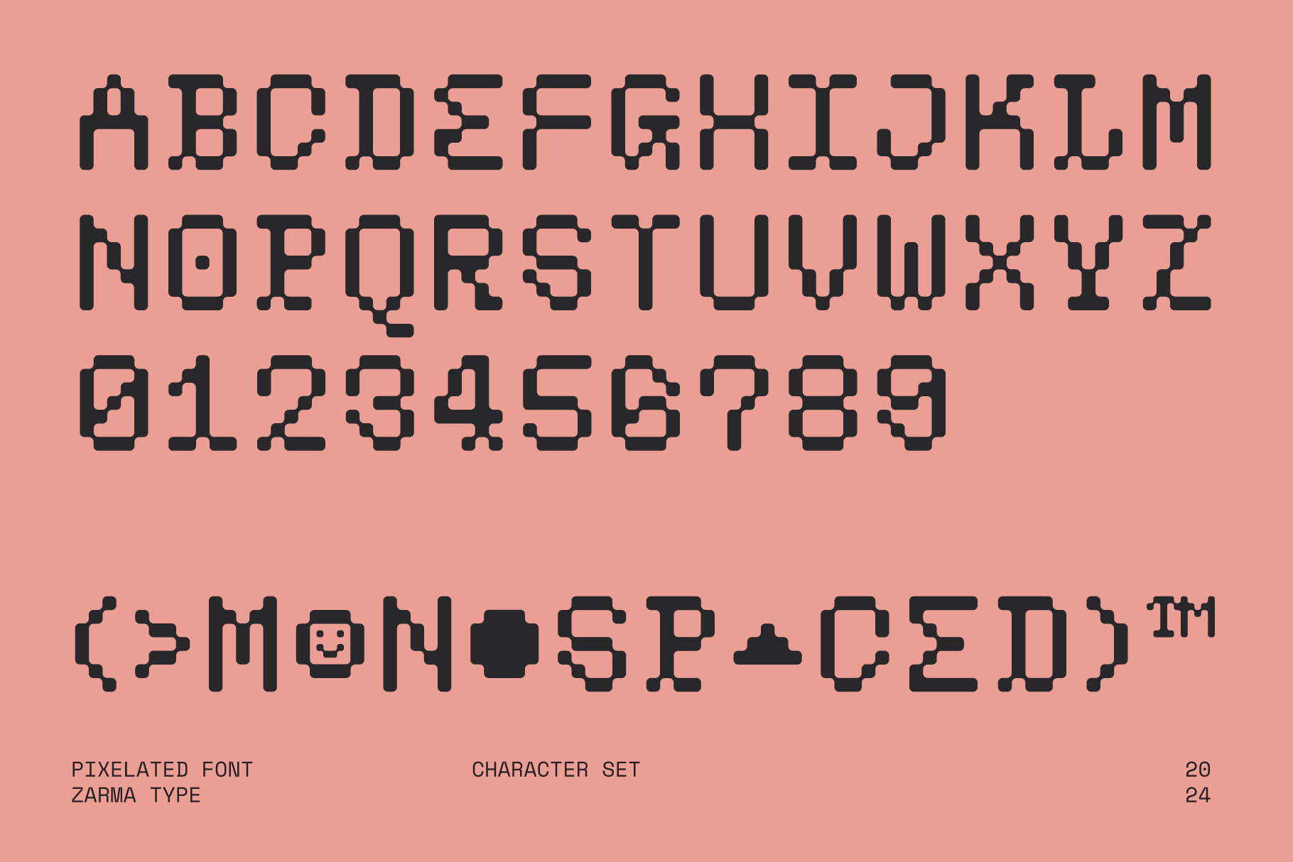 Pixelated font full character set on salmon background with uppercase, lowercase, numbers