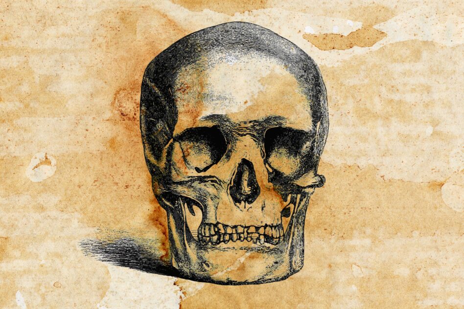 Detailed skull engraving on aged distressed beige paper with water stains