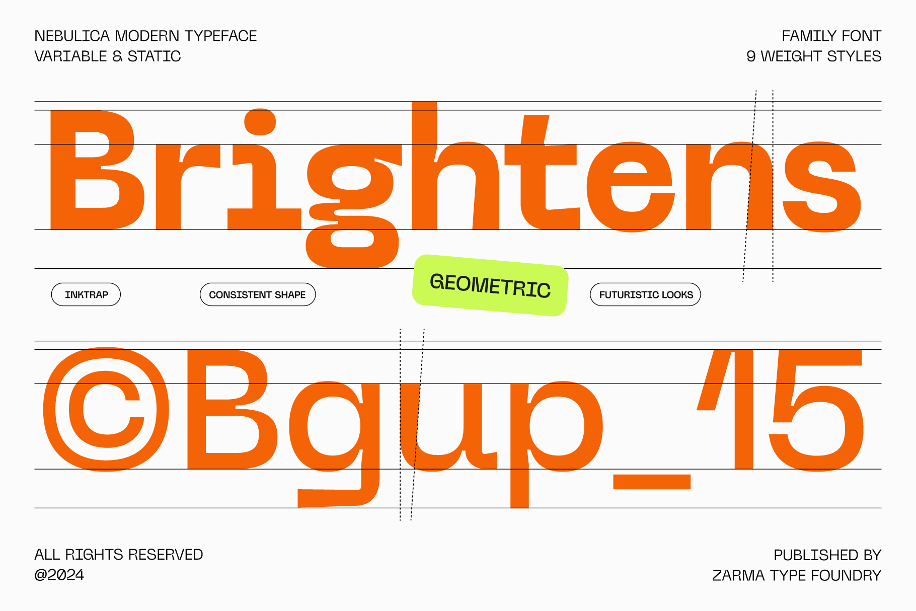 Modern geometric typeface design featuring Nebulica font. Includes variable and static options with 9 weight styles. Ideal for designers seeking fonts.