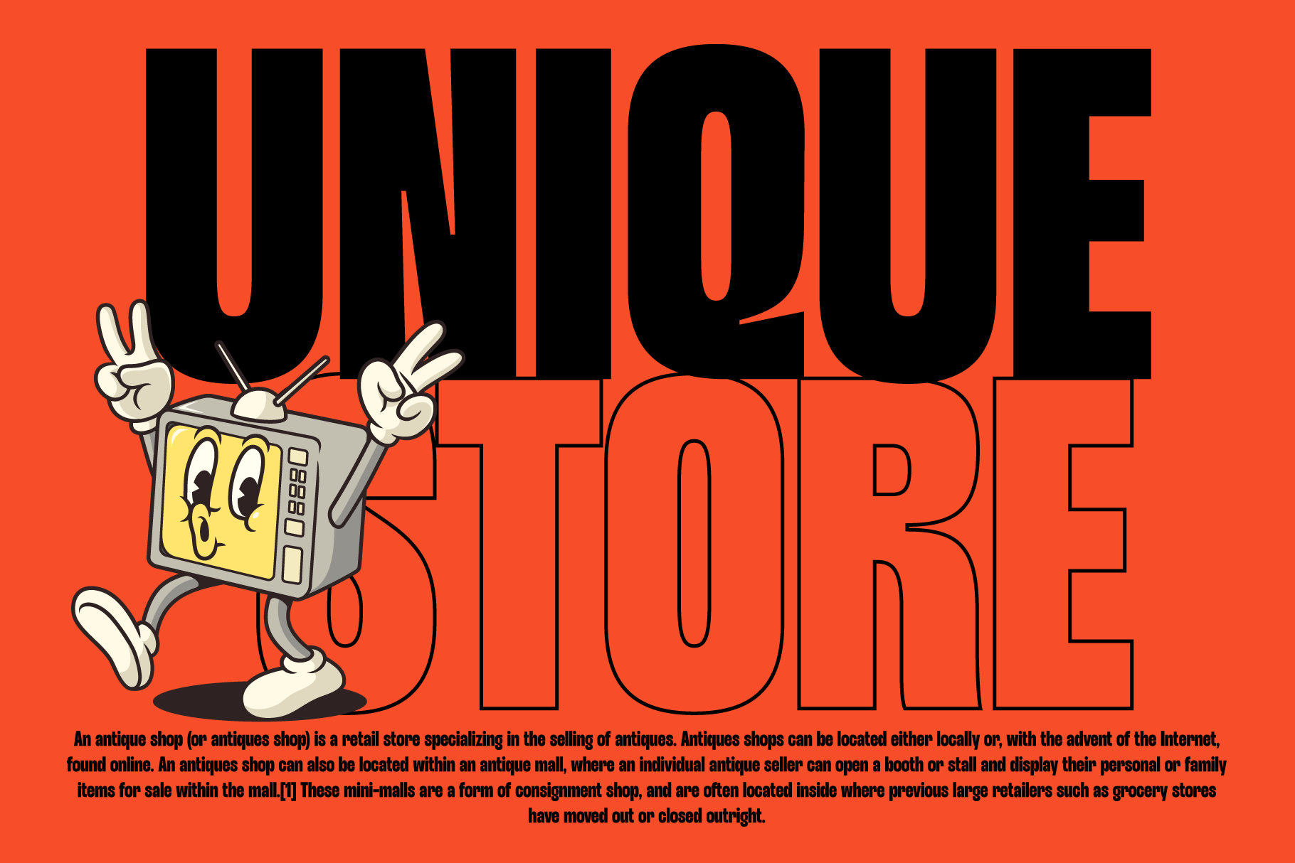 Unique Store poster with cartoon vintage TV character peace gesture bold black text on orange background. Keywords: graphic design, templates, retro art