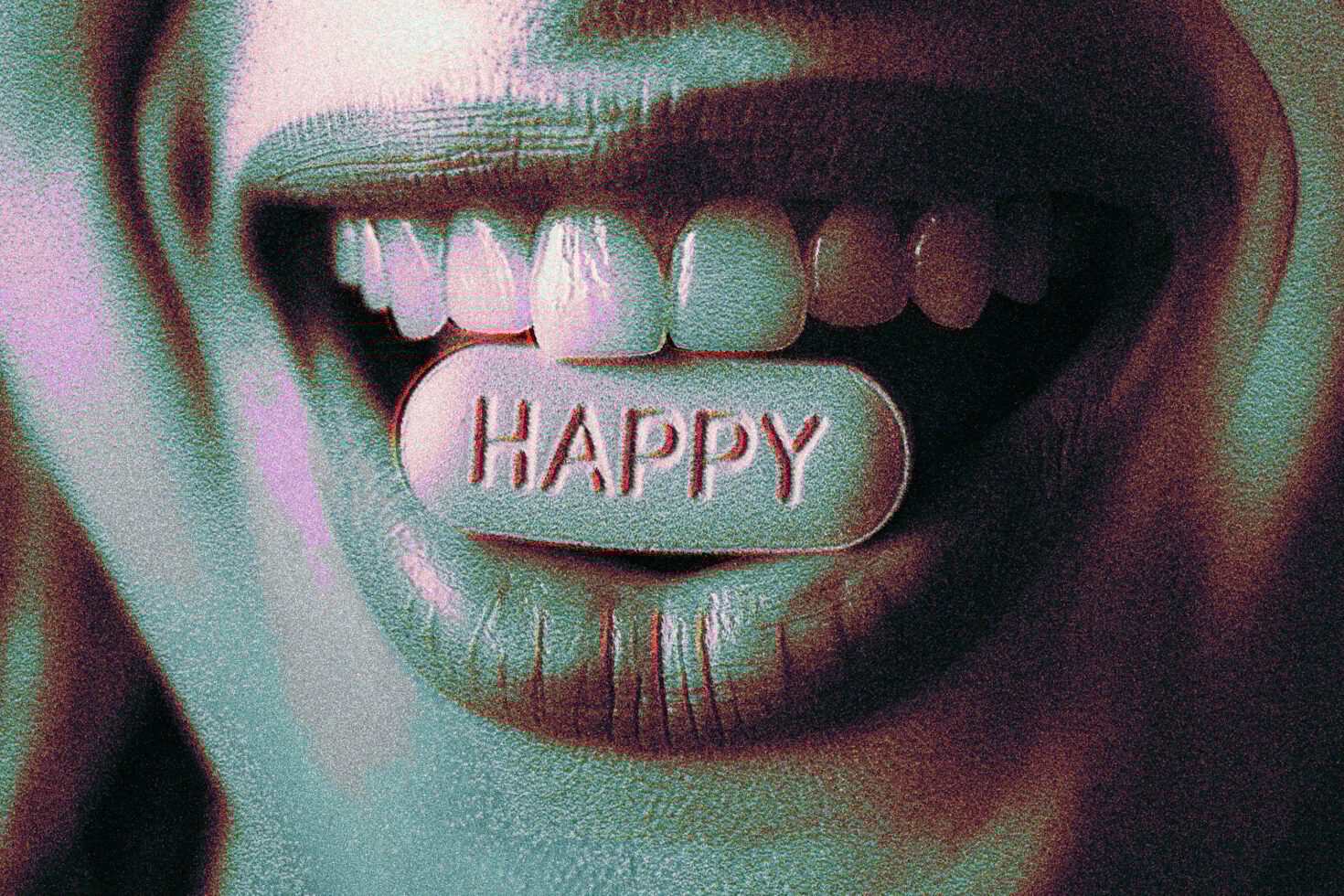 Close-up of open mouth holding pill with engraved word happy, textured effect. Perfect for graphic design, creative templates, or mockups.