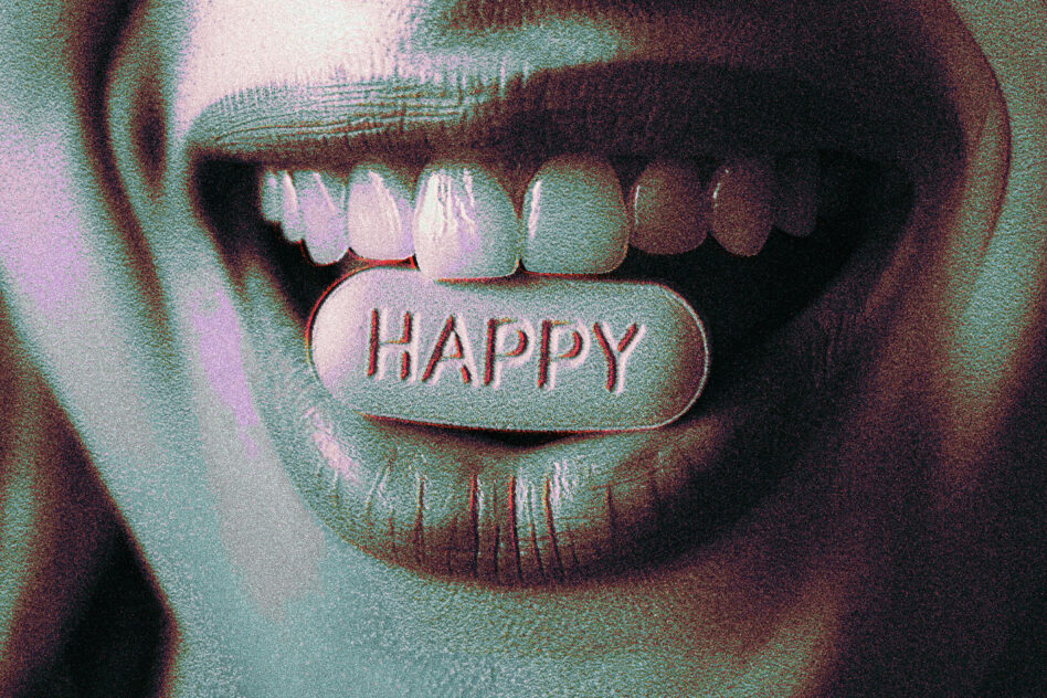 Close-up of open mouth holding pill with engraved word happy, textured effect. Perfect for graphic design, creative templates, or mockups.
