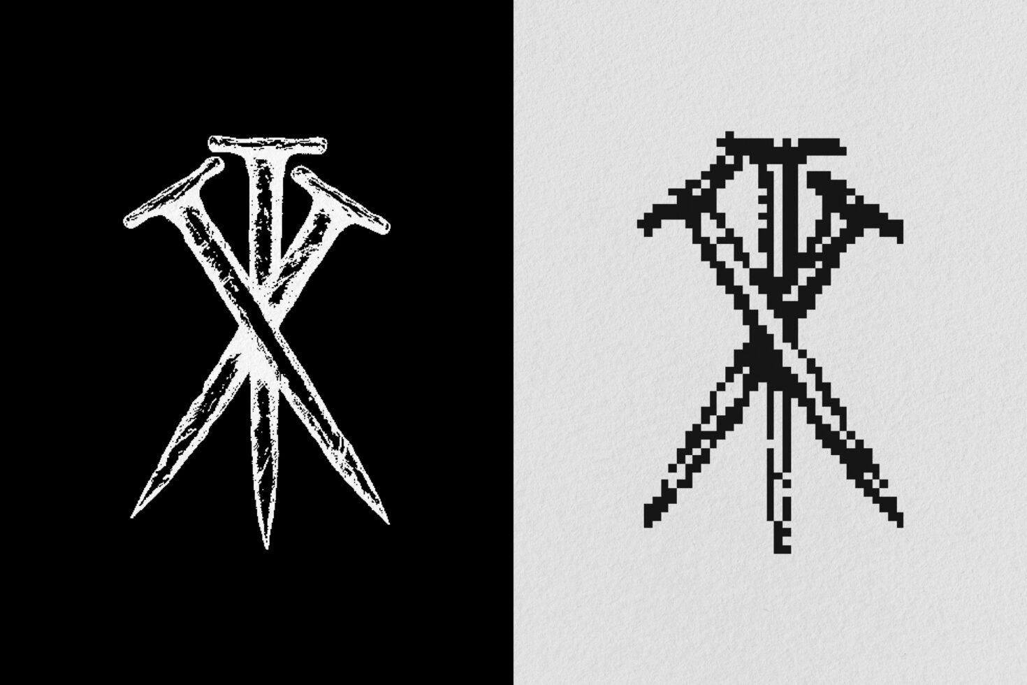 Black and white logo design featuring stylized nails forming an X on left and pixelated version on right perfect for graphic templates and mockups.