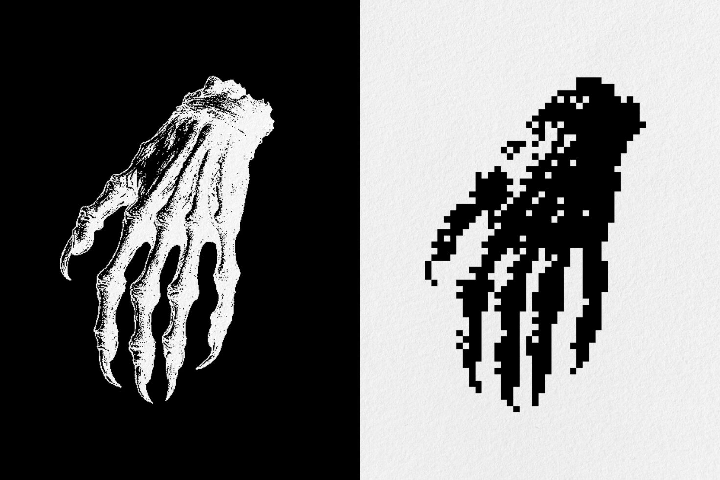 Illustration of skeletal hand in textured black and white on left and pixelated style on right perfect for graphic design projects and templates.