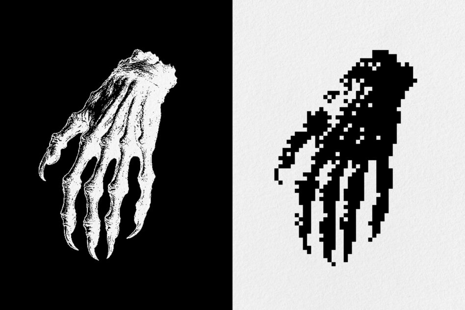 Detailed zombie hand sketch with pixelated digital version side by side