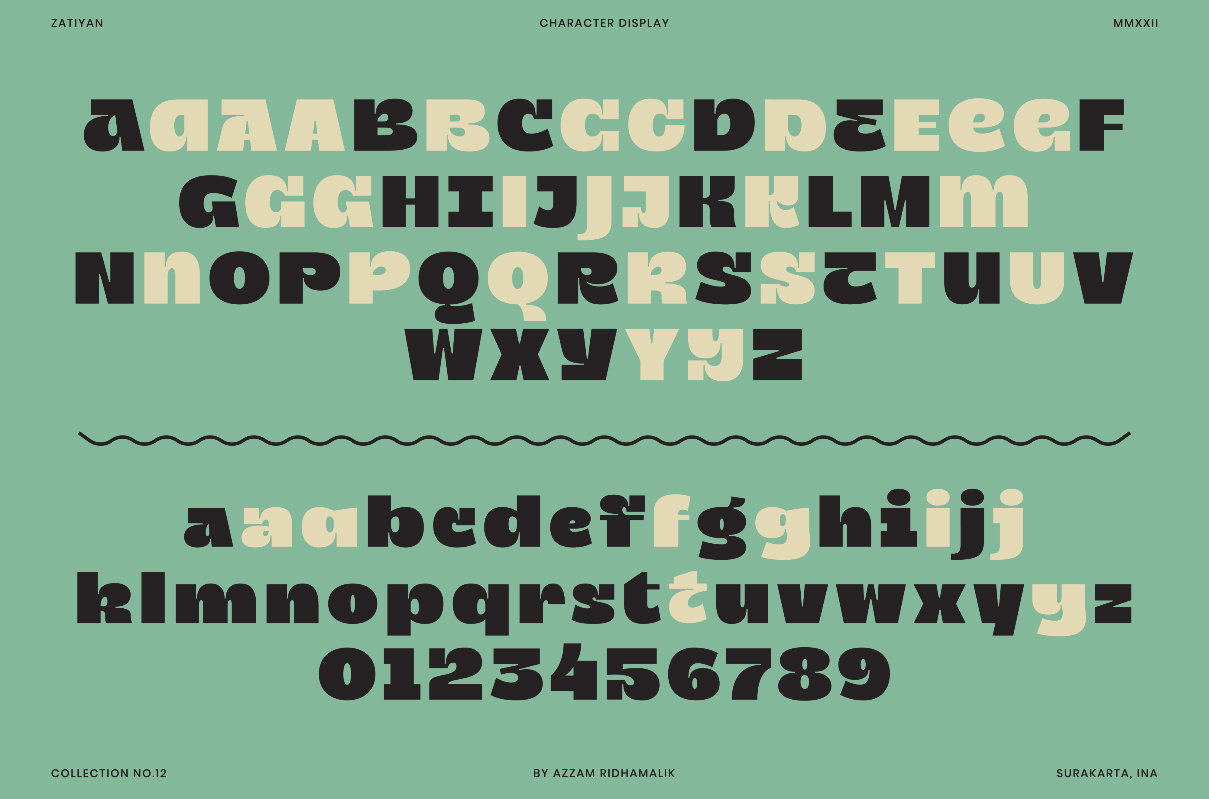 Zatiyan typeface showing uppercase, lowercase letters with numbers on mint background