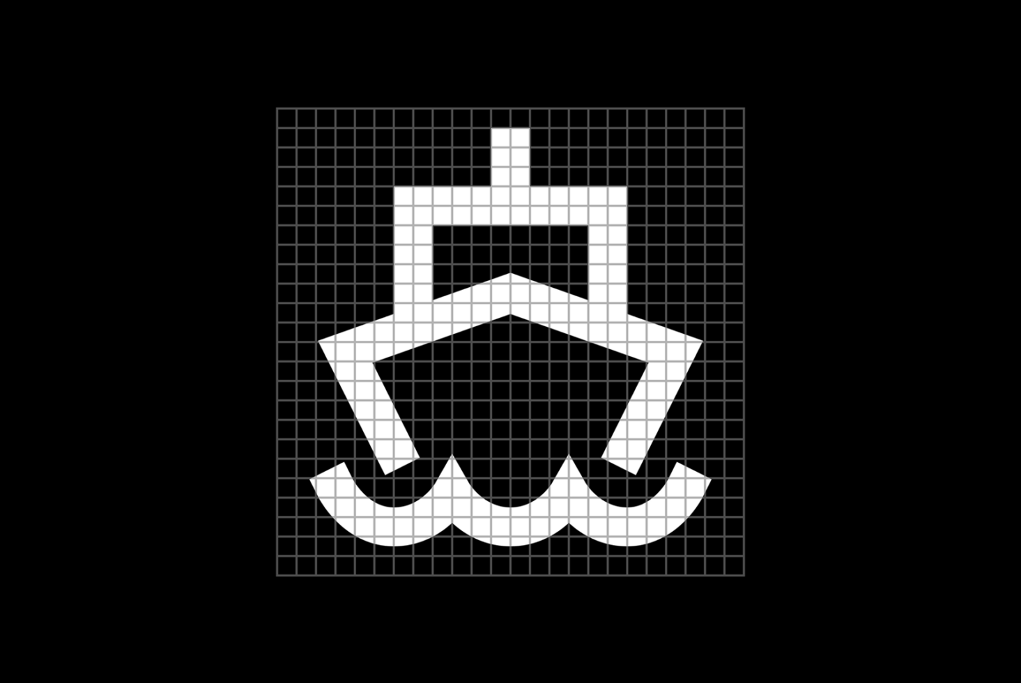 Geometric ship logo design on a grid background in black and white suitable for digital asset marketplace designers. Perfect for graphics and templates.