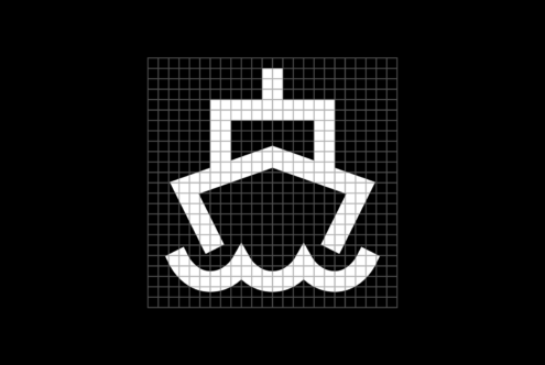 Geometric ship logo design on a grid background in black and white suitable for digital asset marketplace designers. Perfect for graphics and templates.