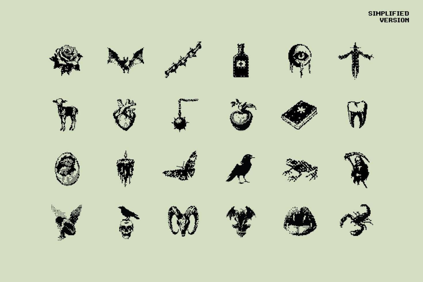 Pixel art illustrations featuring various gothic and mystical symbols such as heart, skull, and raven. Perfect for graphic designers and digital assets.