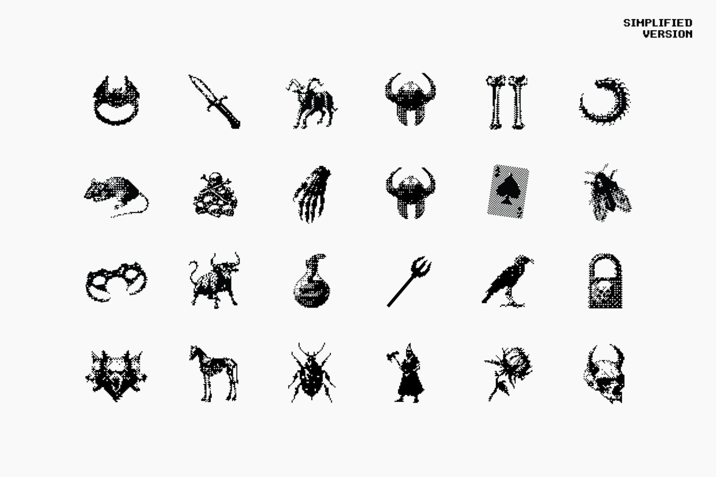 Vintage pixel art icons featuring gothic and fantasy themes like animals, weapons, skulls, magic. Perfect for graphic design templates, gothic styles.