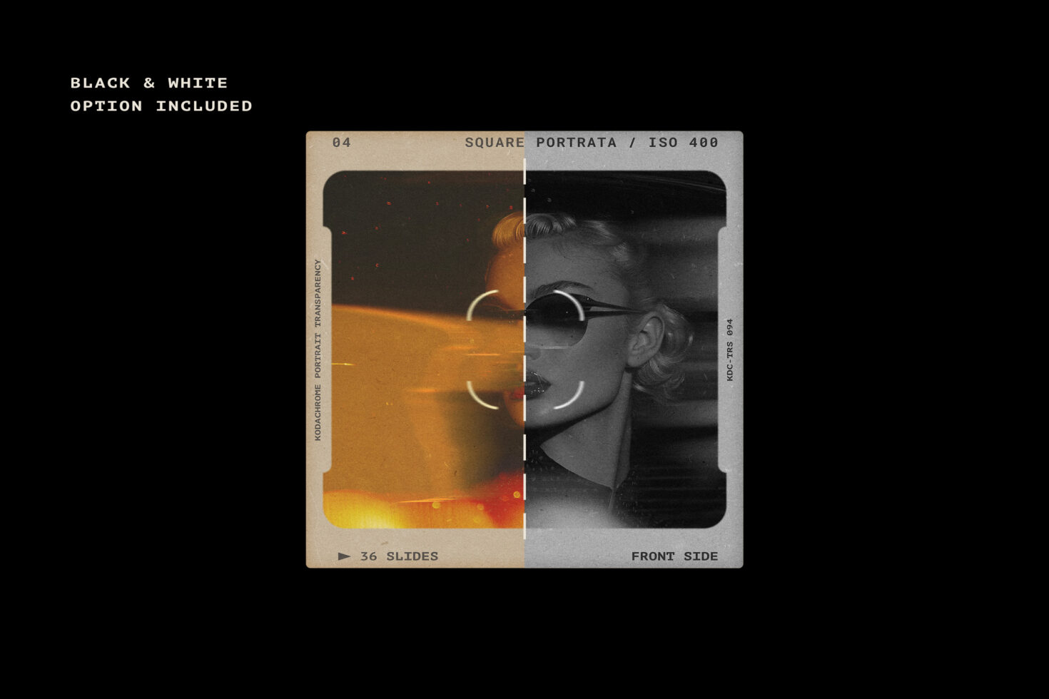 Split photo template featuring a vintage film frame with black and white and color options included ideal for graphic designers and photographers.