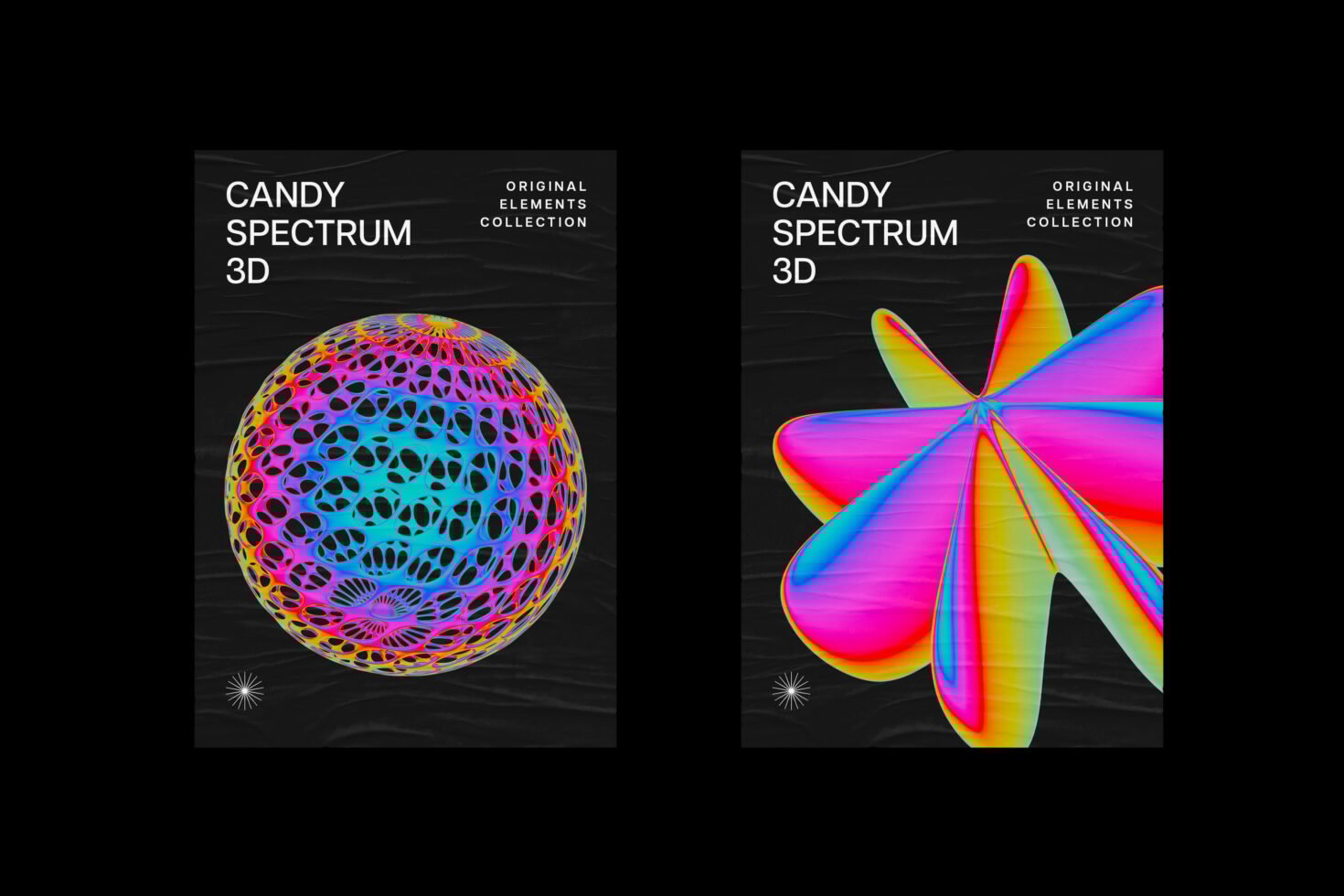 Colorful abstract 3D shapes against dark background; vibrant design elements for digital graphics, perfect for designers seeking bold visual assets.