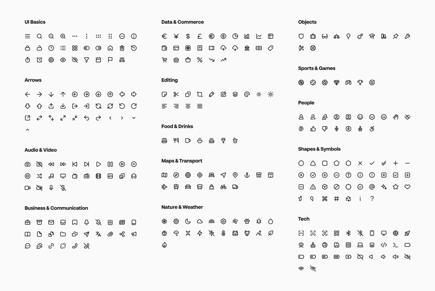 Vector icon set for designers featuring categories like UI Basics, Objects, Tech, Arrows, Shapes. Ideal for mockups, templates, graphics projects.