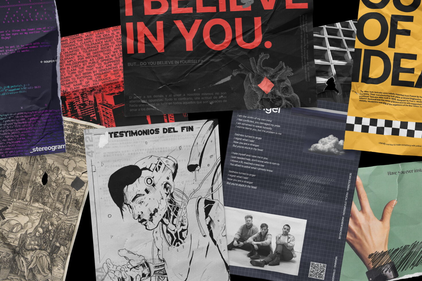 Layered collage of ripped magazine cutouts with bold typography, sketches, code text