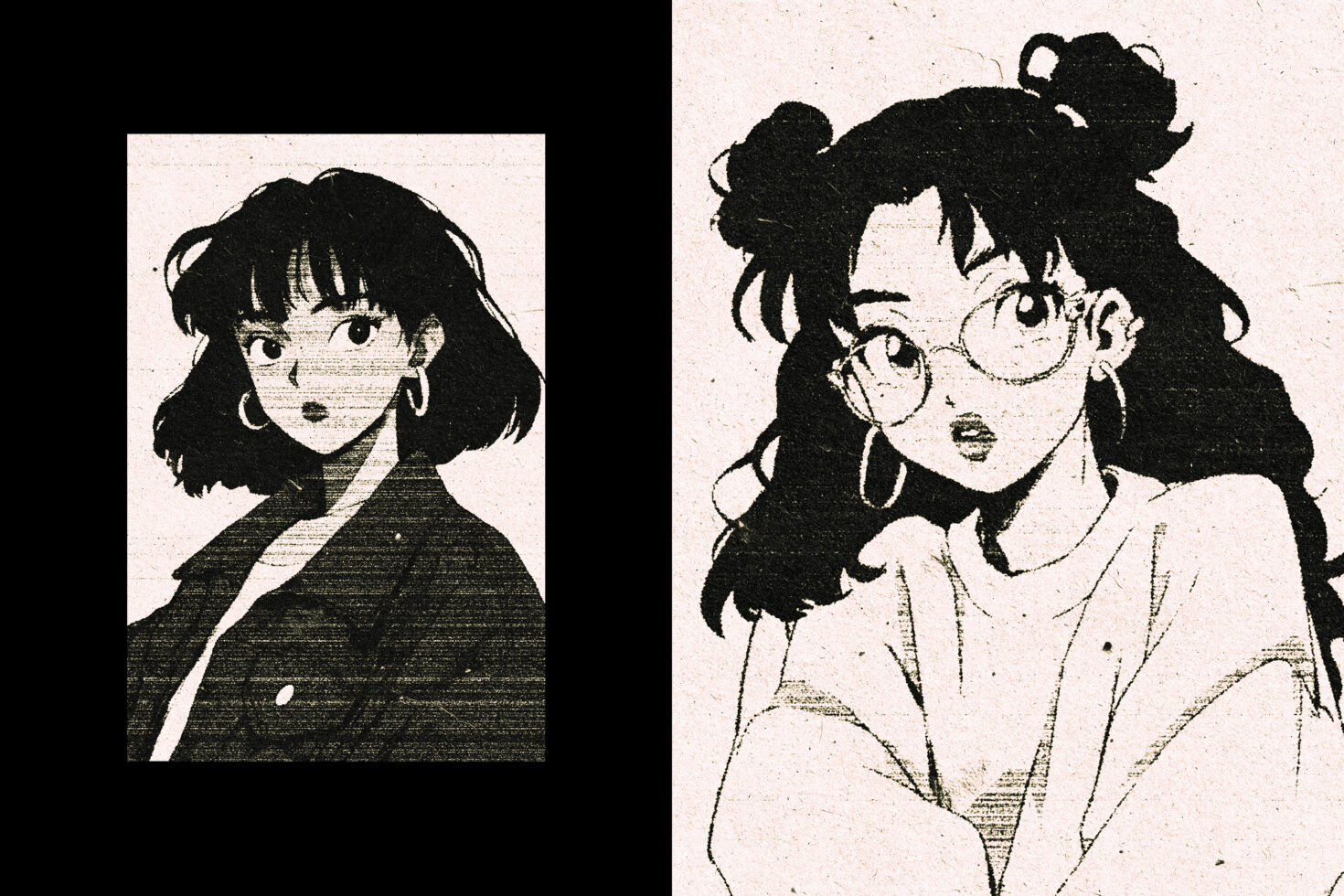 Anime style illustrations of women; curly and straight hair; textured effect on paper; ideal for digital art projects and graphic design inspiration.