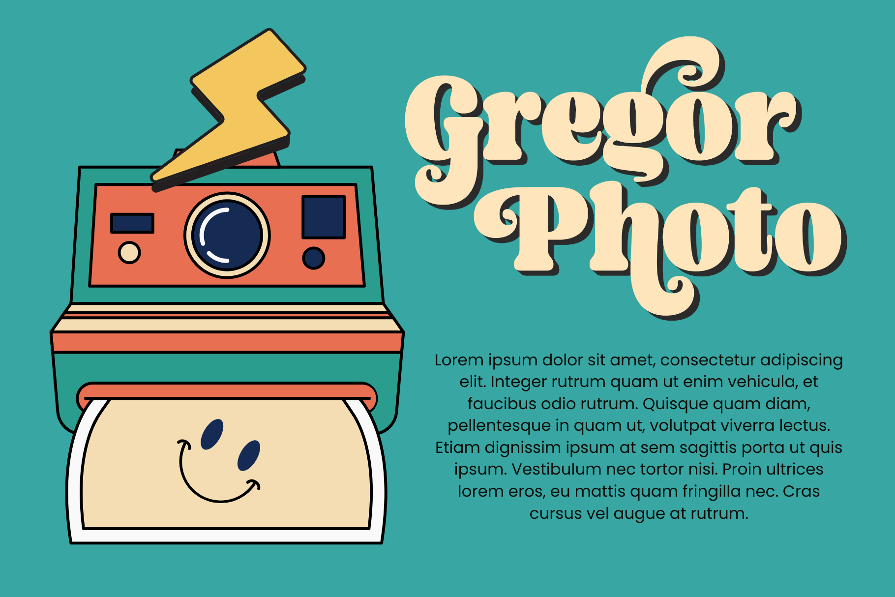 Retro toy camera with smiley face on teal background next to cream serif text