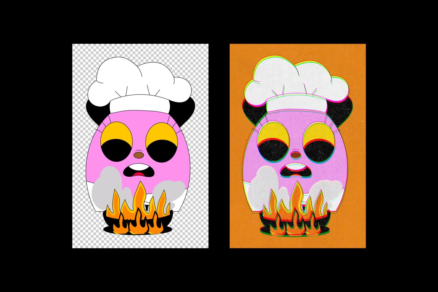 Cartoon chef character with chef hat, pink face, stands with flames below. Vibrant colors, two versions. Ideal for graphic design or illustration projects.
