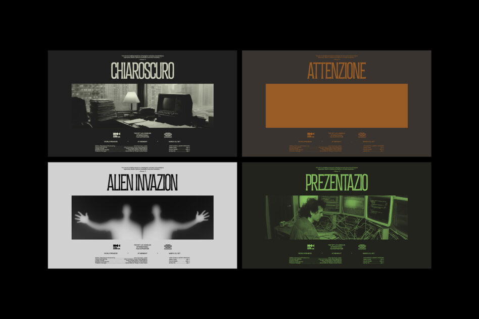 Four cinematic poster mockups featuring Chiaroscuro, Attenzione, Alien Invasion, Prezenta. Retro design style for graphic designers. Templates for creatives.