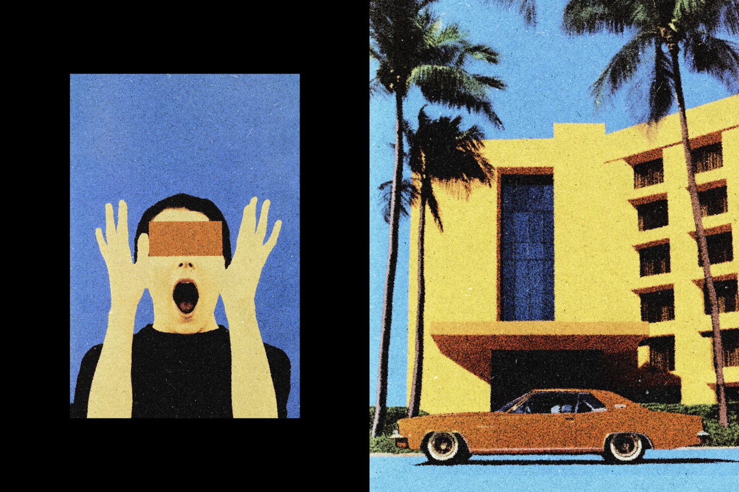 Retro pop art split of person with eye covered headband, vintage car with palm trees building