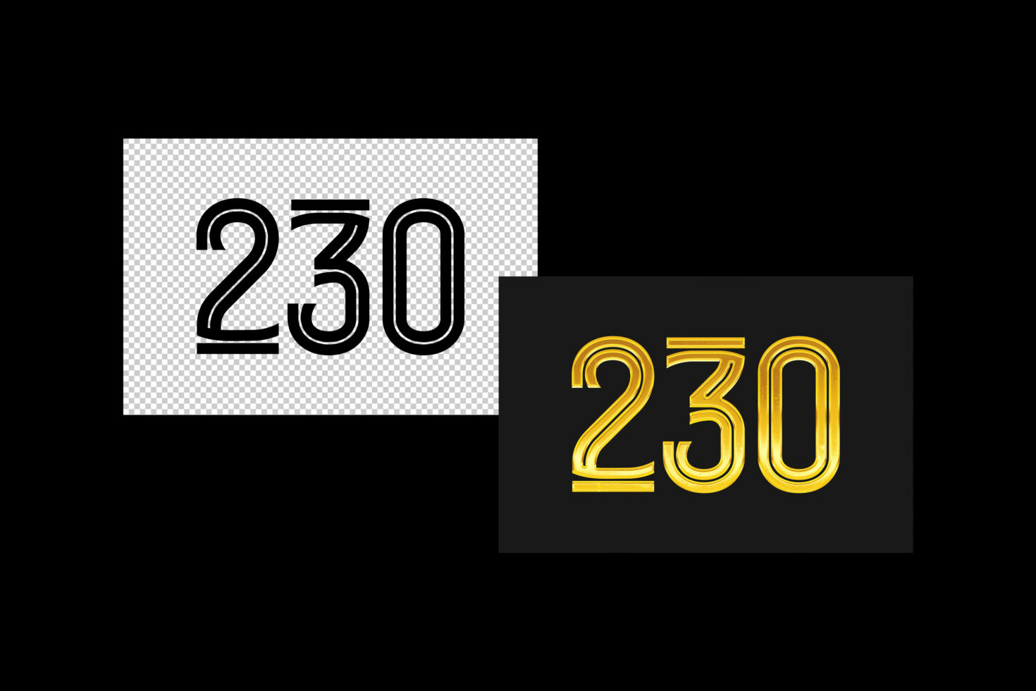 Digital font design featuring the number 230 in gold metallic and black outlined styles on transparent and black backgrounds; ideal for graphic templates.