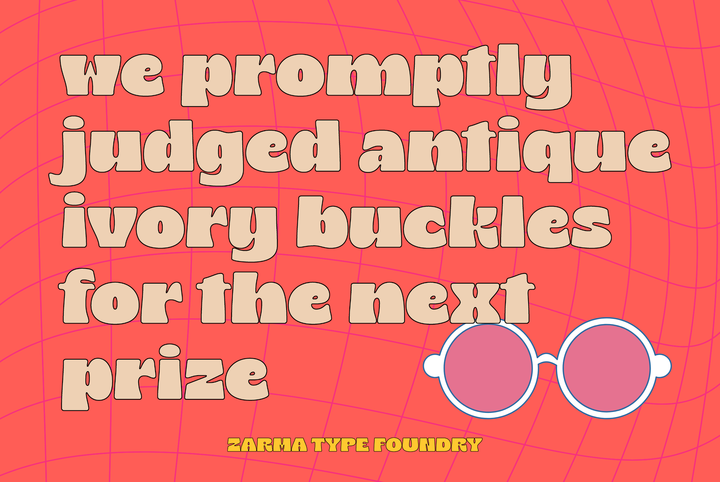 Judged antique text effect with cream letters on coral wavy grid