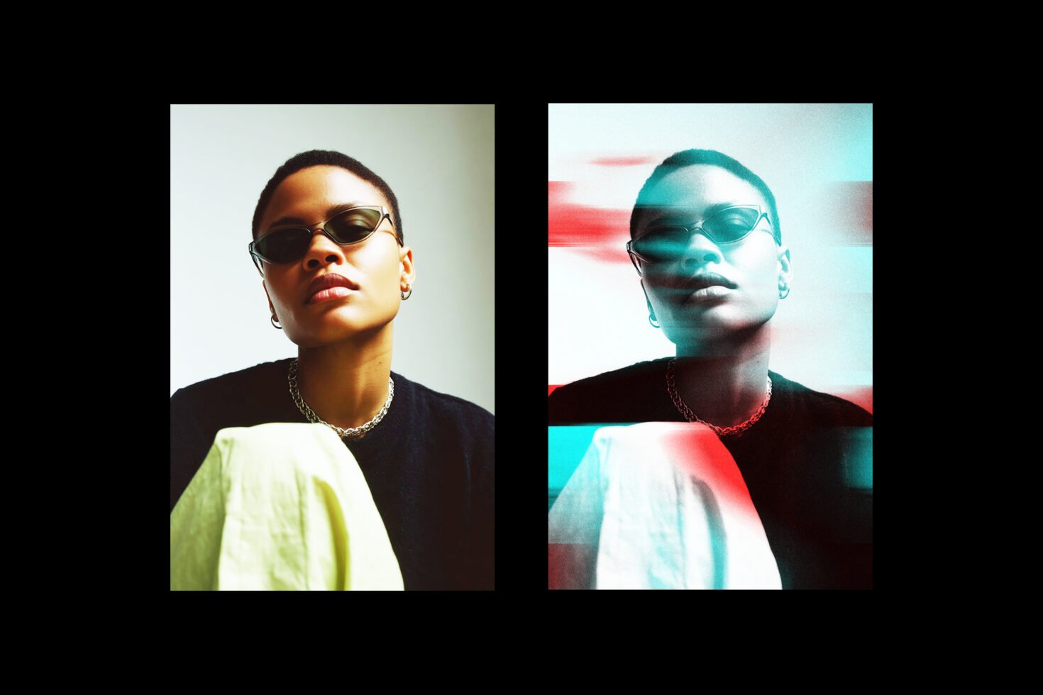Portrait diptych featuring a person wearing sunglasses. On the left is a natural look; on the right is a glitch effect overlay. Perfect for graphic design.