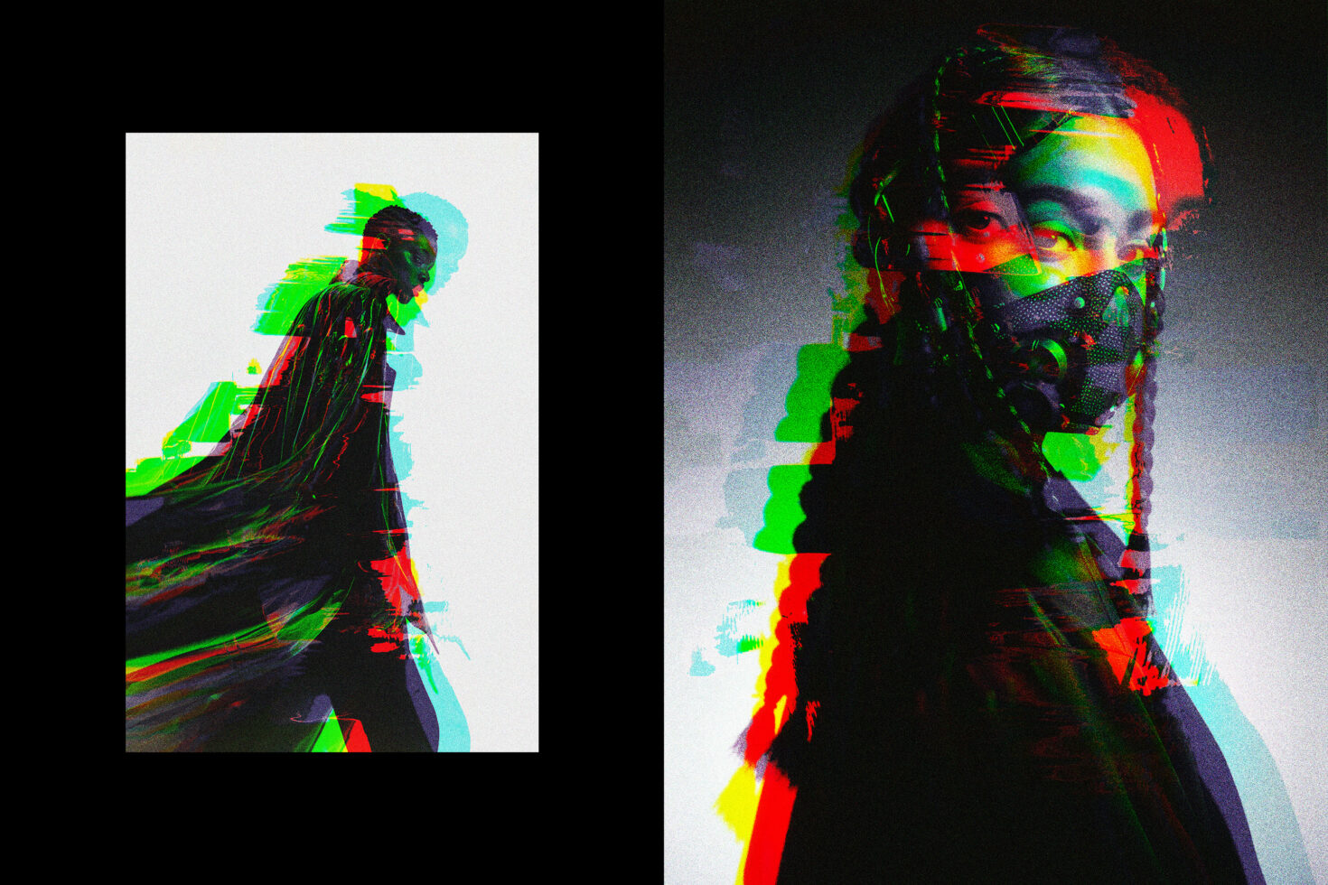Futuristic glitch art digital design featuring a fragmented portrait in vibrant RGB colors suitable for graphics templates or creative mockups.